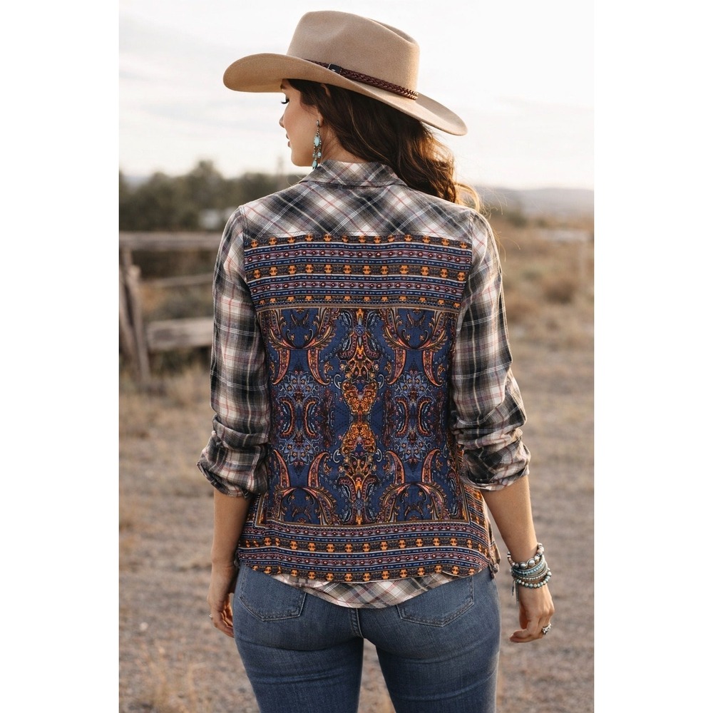 VIA MILANO Womens Top XL Plaid Flannel Paisley Contrast Mix Boho Country Western